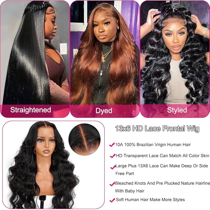 32 Inch Lace Front Wigs Human Hair 200 Density Body Wave Lace Frontal Wigs for Black Women Glueless Wigs Human Hair Pre Plucked with Natural Hairline 13x6 Lace Front Wigs Human Hair in Middle Part