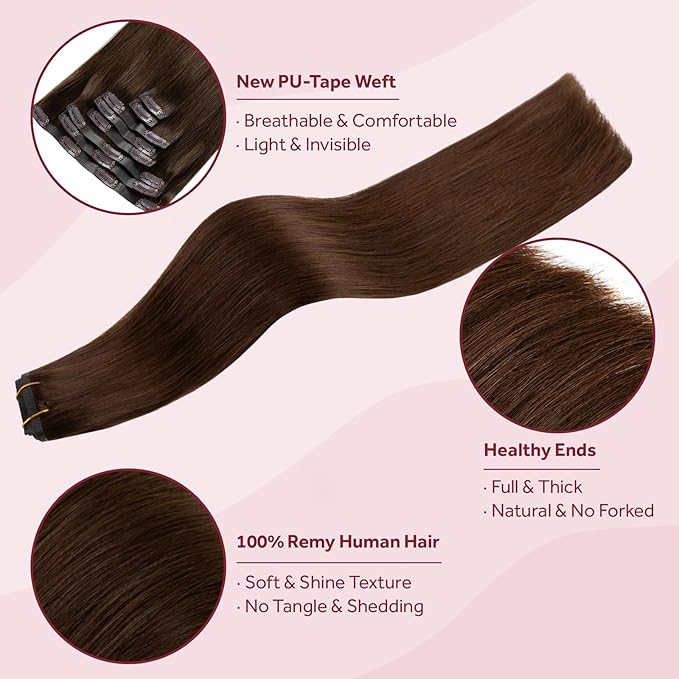 Clip in Hair Extensions Real Human Hair Chocolate Brown Seamless Clip In 100% Straight Remy Hair Extensions PU Skin Weft Add Volume for Women #4A 18Inch 120G 8PCS