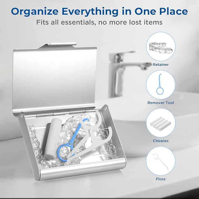 2 Pack Aluminum Retainer Case for Invisalign Aligners, Partial Mouth Guard Case Denture Retainer Container Case Holder with Vent Holes, Slim Orthodontic Aligner Case for Traveling-Silver