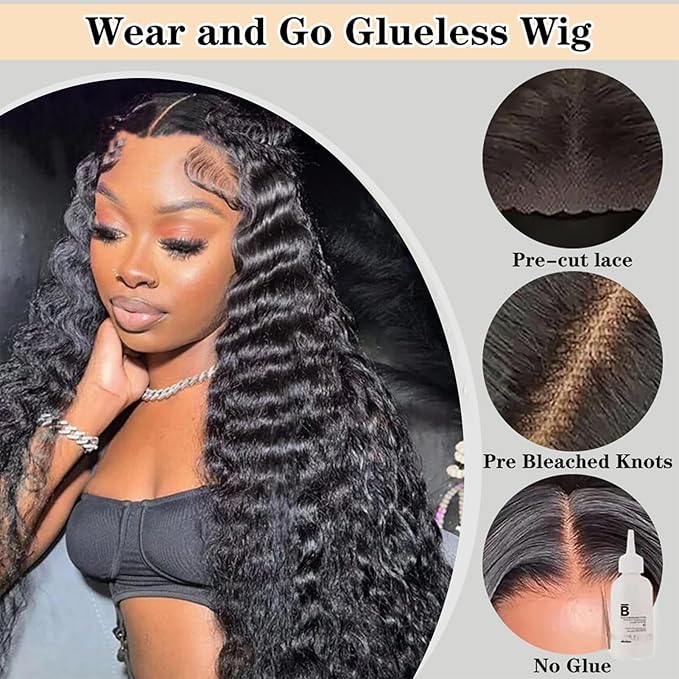 Wear and Go Glueless Wigs Human Hair Loose Deep Wave Lace Front Wigs Human Hair 12A Glueless Wig Human Hair Pre Plucked Pre Cut 5x5 HD Closure Wigs Bleached Knots 210% Density (26 Inch)
