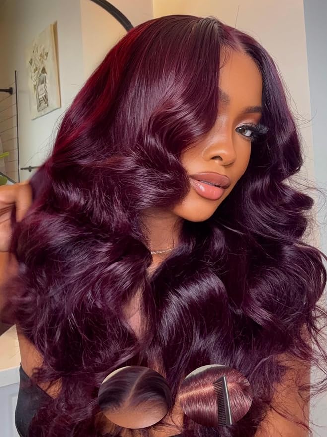 Julia Hair Black Cherry Loose Wave Wig 13x4 HD Lace Frontal Pre-Everything Drawstring Wigs Put on and Go Glueless Body Wave with Face Framing Bangs Pre Plucked Pre Cut Bleached Knots for Women 18 Inch