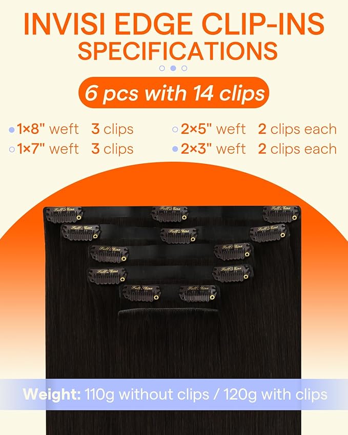 Full Shine Invisible Clip in Hair Extensions Human Hair Jet Black Invisible Edge Clip in Hair Extensions Black Injected Clip ins Ultra Thin 22 Inch 6 PCS 120 G