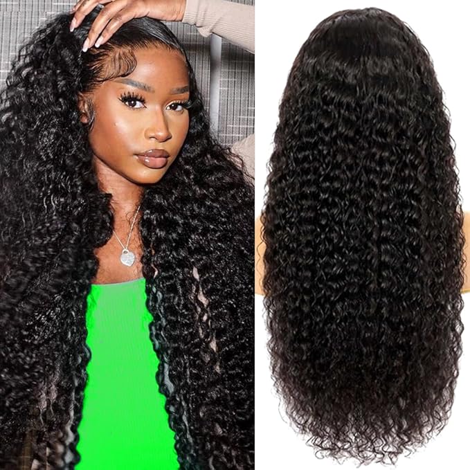 Deep Wave 13x6 Lace Front Wigs Human Hair 200% Density 34 Inch Curly Human Hair Wig for Women Natural Black HD Transparent Lace Glueless Frontal Wigs Human Hair Pre Plucked