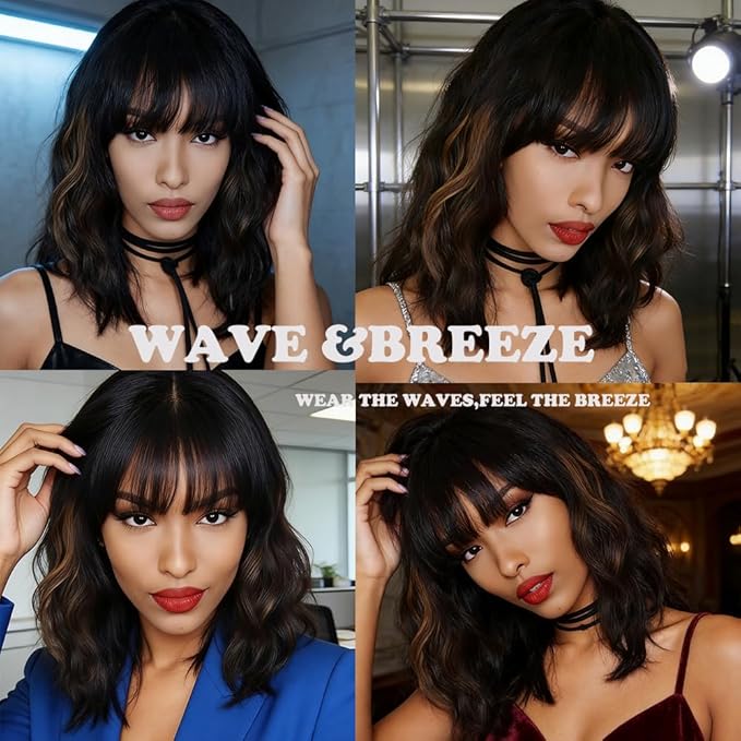 WAVE&BREEZE Black Mixed Brown Highlights Wigs for Black Women Short Wavy Curly Wig With Bangs Natural Looking Synthetic Hair Wigs Heat Resistant Fiber Wig for Daily Party