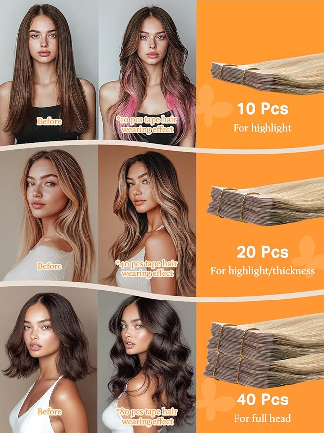 DOORES Tape in Hair Extensions, Drity Blonde Mixed Platinum Blonde 20pcs 40g 12 Inch, Seamless Straight Real Human Hair