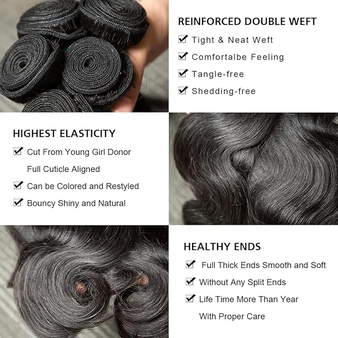 Brazilian Body Wave Virgin with Lace Closure(16 18 20 with14 Closure) Human Hair Unprocessed Hair with Closure 4X4 Lace Natural Black Hair