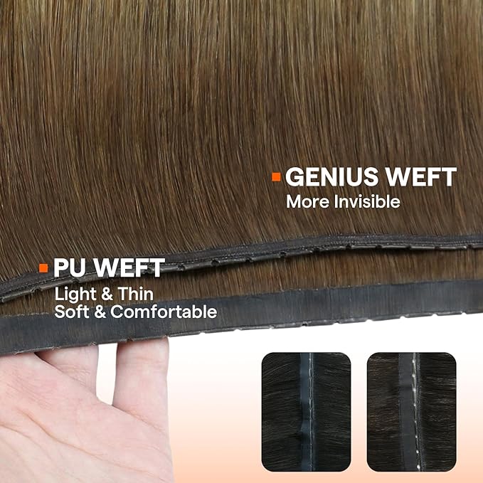 Full Shine Butterfly Weft Hair Extensions Human Hair Color Medium Brown To Honey Blonde Double Side Pu Hole Weft Hand Tied Extensions 24 Inch Long Straight Hair Weft For Women 100G