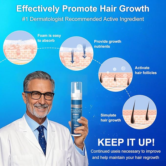 5% Minoxidil Foam, Biotin-Infused, Unisex Adult, Hair Growth Treatment, Unscented, Foam, 6-Month Supply, Supports Thicker and Fuller Hair & Beard