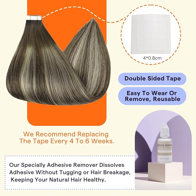 Full Shine Real Human Hair Extensions Balayage Color 2 Fading to 60 Blonde Highlight 2 Darkest Brown Remy Tape in Hair Extensions 22Inch Invisible Hair Extensions Tape Ins 50G 20Pcs for Women