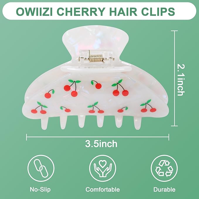 OWIIZI Cherry Hair Clips for Women 3.5" Durable Acetate Cute Hair Claw Clips Ponytail Barrette Strong Hold Acrylic Hair Accessories for Girls Long Thick Hair