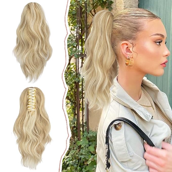 SOFEIYAN 14" Ponytail Extension, Short Wavy Claw Clip in Ponytail Hair Extension Synthetic Hairpieces Beige Blonde Mix Blonde Layered Natural Fluffy Curly Drawstring Ponytail Hair Piece for Women