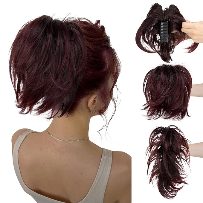CJL HAIR Claw Clip Short Ponytail Hair Extensions DIY Bendable Metals Messy Bun Hair Piece for Wonen Straight Synthetic Fake Hairpieces Wine Red with Black Root