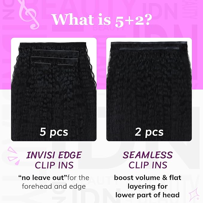 IDN BEAUTY 5+2 Invisi Edge Seamless Clip in Hair Extensions Human Hair Combo Pack Kinky Straight 24 Inch 110g 5pcs Invisible Edge and 2pcs Seamless Clip ins for Black Women Natural Black No Leave Out