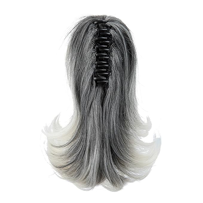 Ponytail Hair Extensions, 12 Inch Claw Clip Ponytail Hair Extensions for Women, Chin Clip Wigs, Soft Synthetic Wigs-Black mix Gray andPlatinum Blonde Tips