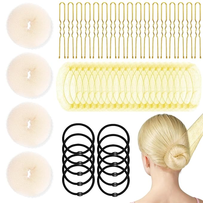 YINGFENG 134 Pcs Beige Hair Bun Maker Kit for Kids Small - 4 Hair Donuts for Buns, 20 Hair Nets for Buns, 100 U Shaped Bobby Pins, 10 Hair Bands, for Girls, Ballet Dance, Hair Accessories for Women