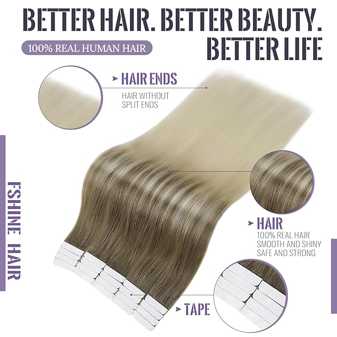 Fshine Tape in Human Hair Ombre 18 Inch Ash Brown Fading to Platinum Blonde Tape in Human Hair Extensions 20pcs 50g Straight Natural Silky Remy Hair Straight Hair Extensions for Women