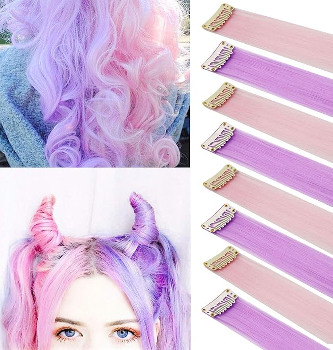 8PCS Light Pink&Light Purple 21''Colorful Party Highlights Clip in Colored Hair Extensions Multicolor Straight Synthetic Hairpieces for Women Kids Girls