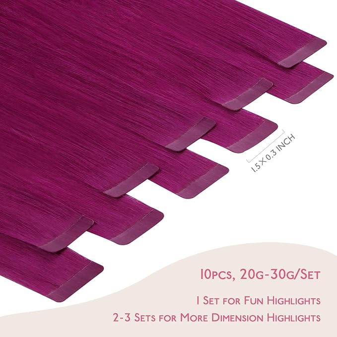 WENNALIFE Tape in Hair Extensions Human Hair Violet Tape in Extensions, 10pcs 30g 24 inch Remy Invisible Tape Ins Straight Colored Soft Real Human Hair Tape in Extensions Refill Set Extensions
