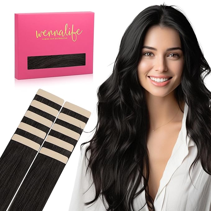 WENNALIFE Tape in Hair Extensions Human Hair Natural Black Tape in Extensions, 10pcs 30g 24 inch Remy Invisible Tape Ins Straight Colored Soft Real Human Hair Tape in Extensions Refill Set Extensions