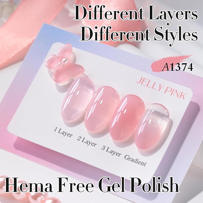 Double Rhythm 0.50 OZ Gel Polish Hema Free Same Color Same Bottle Golden Round Translucent Neutral Natural Milky 15 ML Jelly UV Polish Art DIY at Home (Light Pink-C1374)