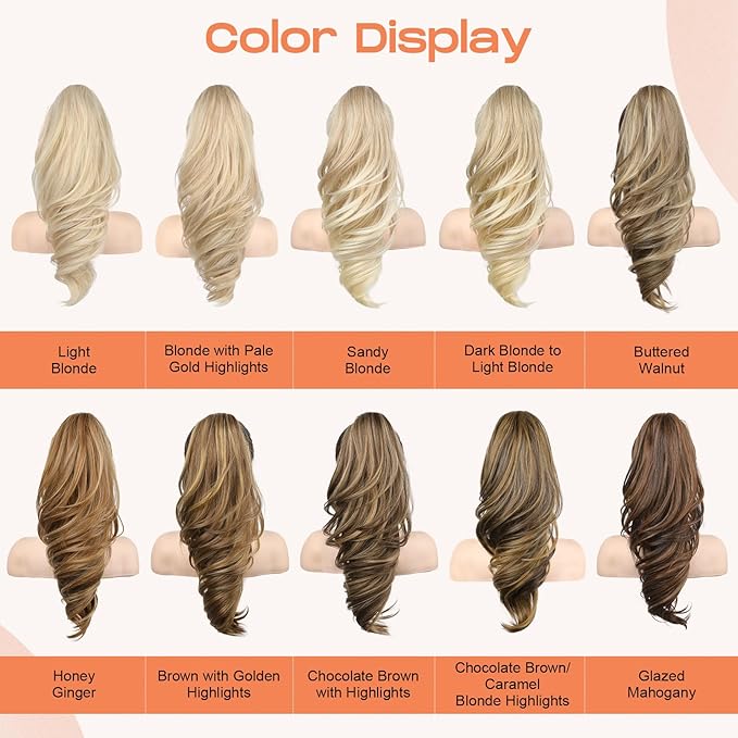 SEIKEA Ponytail Extension, 18" Wavy Claw Clip in Hair Extensions for Women, Lightweight Fluffy Synthetic Ponytail Hairpiece, Natural Soft & Easy to Wear, for Short Blonde Pale Gold Highlights
