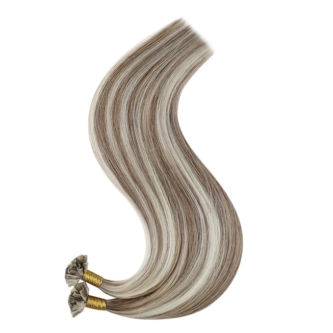 Full Shine Keratin Tip Hair Extensions Real Human Hair Ash Brown Highlight Blonde Utip Human Hair Extensions 20 Inch Long Natural Hair 50 Grams Remy Soft Hair for Women
