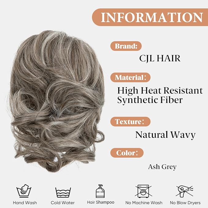 CJL HAIR Claw Clip Short Ponytail Hair Extensions DIY Bendable Metals Messy Bun Hair Piece for Wonen Wavy Curly Synthetic Fake Hairpieces Ash Grey