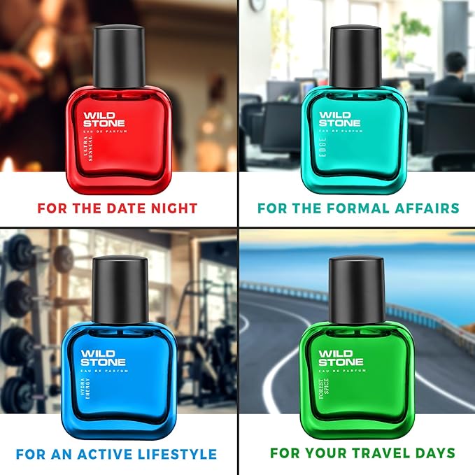 Wild Stone Men’s 4-Pack Eau de Parfum Gift Set (4 × 1 oz / 30 ml) — Edge, Ultra Sensual, Hydra Energy & Chief — Long-Lasting Masculine Fragrances