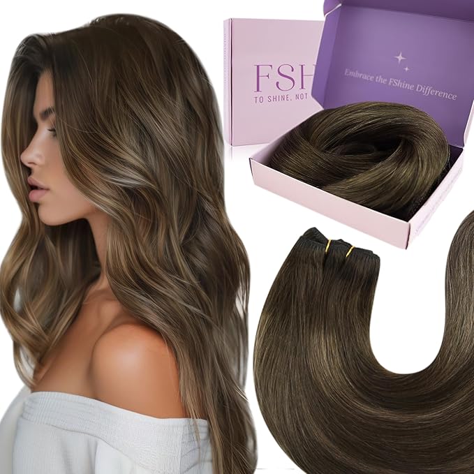 Fshine Hand Tied Weft Hair Extensions Brown Balayage Human Hair 22in Sew in Dark Brown to Light Brown and Medium Brown Double Weft Real Full Head 100 Grams
