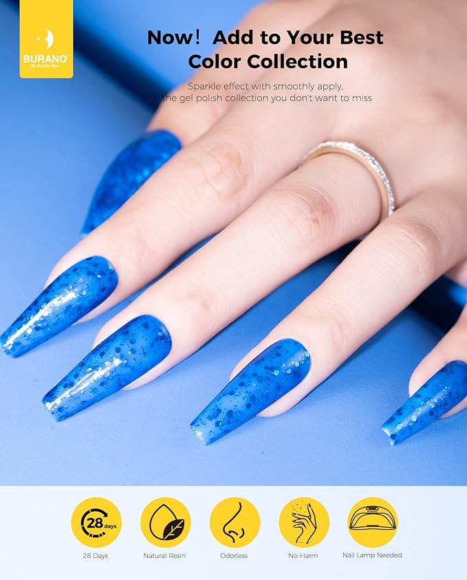 BURANO Glitter Nail Polish, LED UV Shimmer Holographic Effect Soak Off Gel, No Chip Sparkle Polish for Home DIY Nail Salon (Blue LP7)