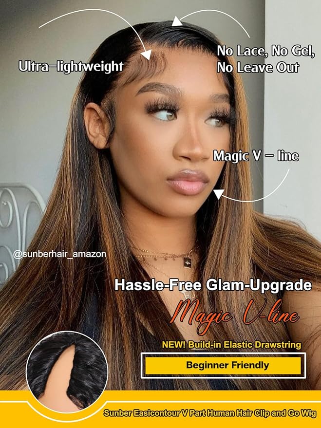 Sunber Ombre Brown Highlight Yaki Straight V Part Human Hair Drawstring Glueless Wig No Leave Out Vpart Balayage yaki straight Clip In Half Wigs No Leave Out Real Scalp V Shape 22Inch