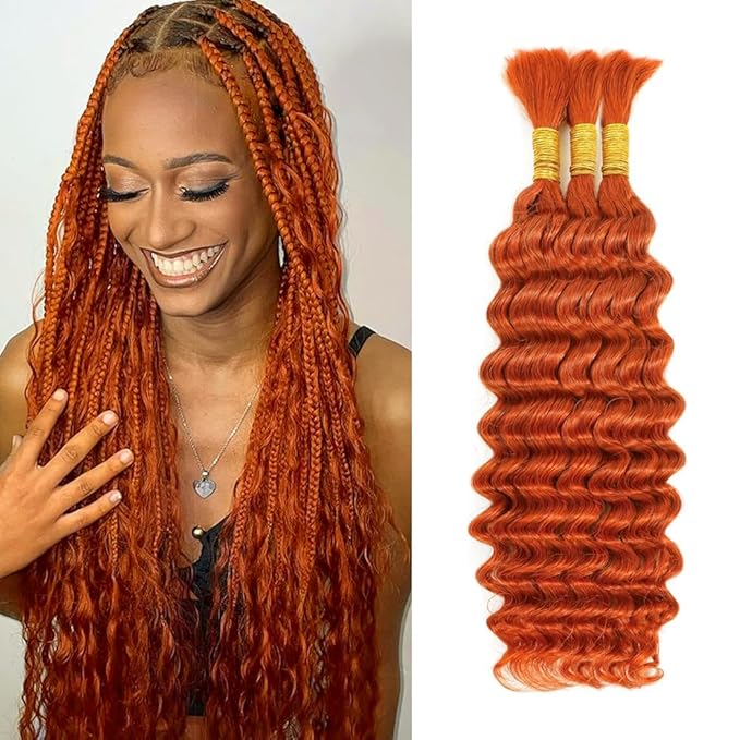 26 inch Human Hair Braiding for Boho Braids Deep Wave Bulk 3 Bundles 150g Ginger Deep Wave Bulk Human Hair for Braiding Color 350