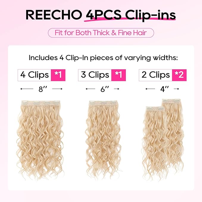 REECHO Curly Hair Extensions, 4PCS 16 inch Clip in Hair Extensions Lace Weft Short Curly Hair Extension Clip Ins Natural Hairpieces for Women, Light Brown with Honey Blonde Highlights