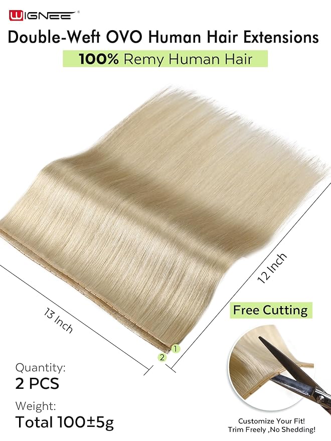 WIGNEE New Double Layered PU OVO Hair Extensions Blonde Ombre Straight Human Hair weft with beads 100% Real Human Hair Extensions 12 Inch Seamless Micro Beads Human Hair Extensions Glueless (613)