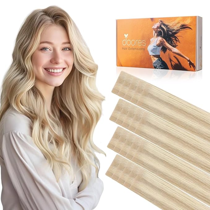 DOORES Invisi Edge Tape in Hair Extensions Human Hair, Dark Blonde Highlighted Bleach Blonde 10 Injection Tape-ins with 10 Injection Tape-ins 50g 16 Inch, Injected Tape in