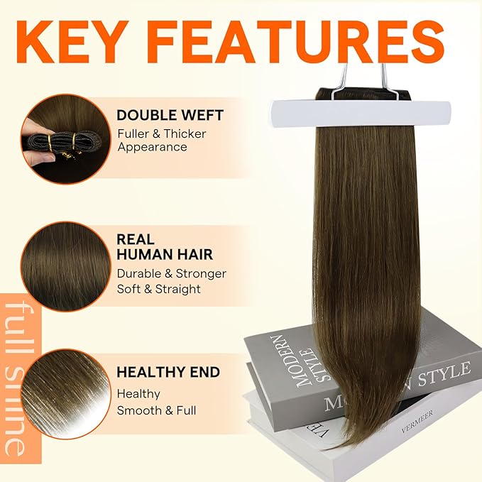 Full Shine Weft Hair Extensions Sew In Hair Extensions Remy Hair Color Darker Brown Invisible Weft Extensions For Women Sew In Straight Hair Remy Hair Weft Bundles 14 Inch 100G