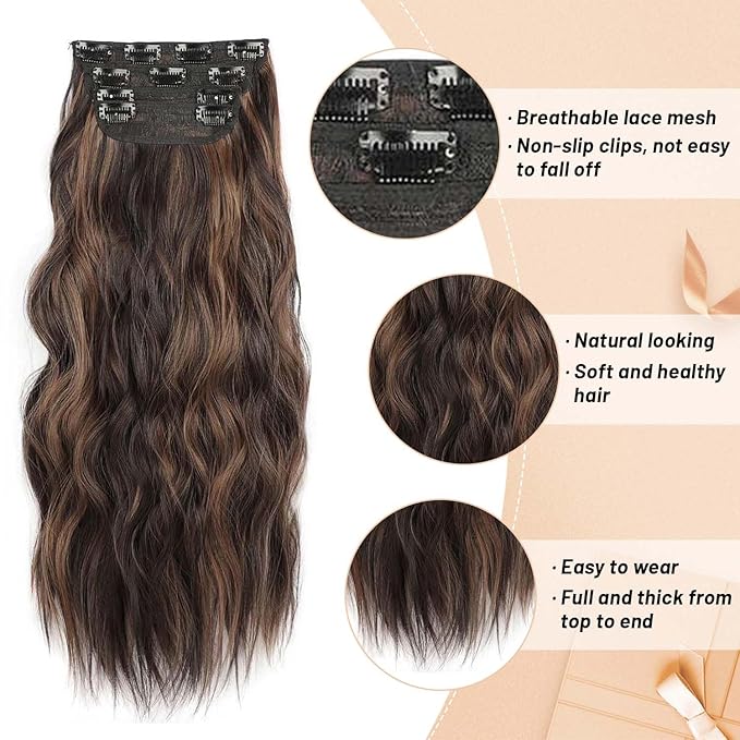 4PCS Thick Hairpieces Clip in Hair Extensions for Women Synthetic Clip in Long Wavy Hair Extension 20 Inch Double Weft Hairpieces Full Head For Women (20INCH, H2/426)