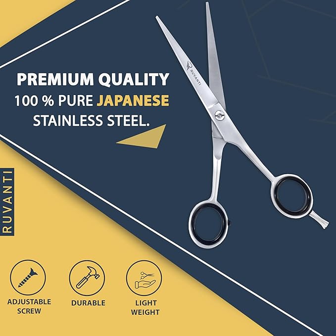 Ruvanti Hair Scissors - Professional Hair Cutting Scissors for Salon & Home Use, Sharp Edge Stainless Steel Barber Scissors, 6.5” Overall lenght with Comfortable & Smooth Grip