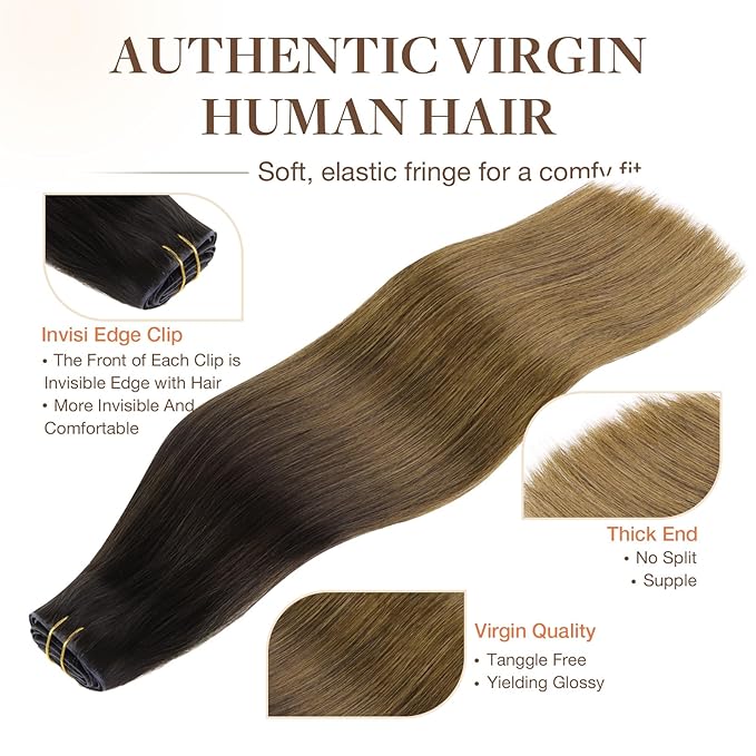 GOO GOO Invisi Edge Clip in Hair Extensions, 20inch 110g 7Pcs, Injected Seamless PU Clip in Hair Extensions, Virgin Real Human Hair, #1D/2C/4E Chocolate Dip Color Melt