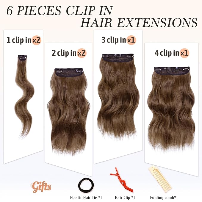 NAYOO Clip in Hair Extensions for Women 14 Inch Short Wavy Curly Chestnut Brown Hairpieces Full Head Synthetic Hair Hairpieces(6PCS,Chestnut Brown)
