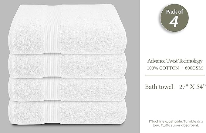 Softolle Luxury Bath Towels Set of 4 (27” x 54”) | Towels for Bathroom | Super Soft | Highly Absorbent Towels for Home, Spa, Gym (White)