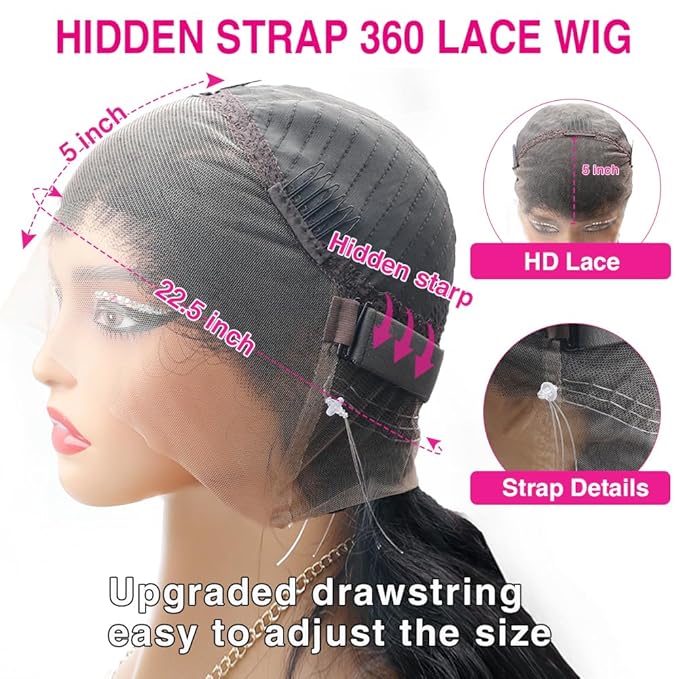 Hidden Strap 360 Lace Front Wigs Human Hair 220% Density Body Wave HD Lace Front Wigs with Drawstring 360 Full Lace Wigs for Women Pre Plucked with Baby Hair Natural Color 30 Inch