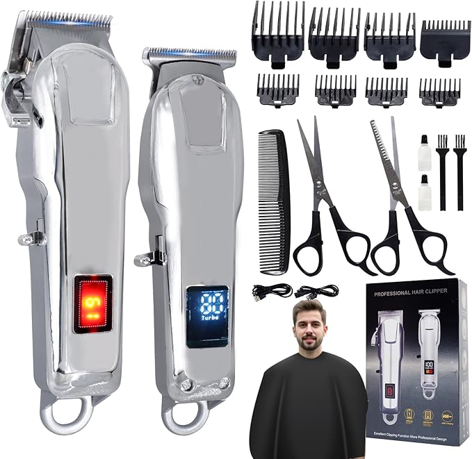 Professional Hair Clippers for Men, Cordless Trimmer Set with LCD Display, 7000rpm High-Speed Motor, Set of Tools for Home and Professional Hairdressers