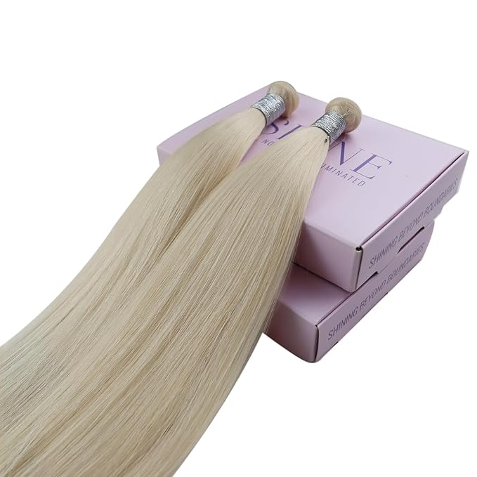 Fshine White Blonde Genius Weft Hair Extensions Genius Weft Sew in Real Human Hand Tied Real Long Straight for Women 24 Inch 60g