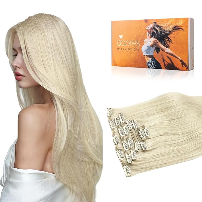 DOORES Human Hair Extensions, Platinum Blonde 12 Inch 7pcs 80g, Clip in Hair Extensions Real Human Hair Remy Hair Extensions Clip in Human Hair Extensions Human Hair Natural Silky Straight