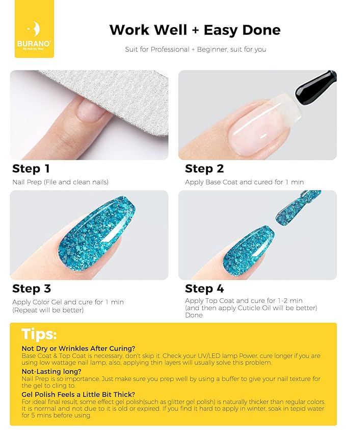 BURANO Glitter Nail Polish, LED UV Shimmer Holographic Effect Soak Off, No Chip Sparkle Polish for Home DIY Nail Salon (Lake Blue LP5)