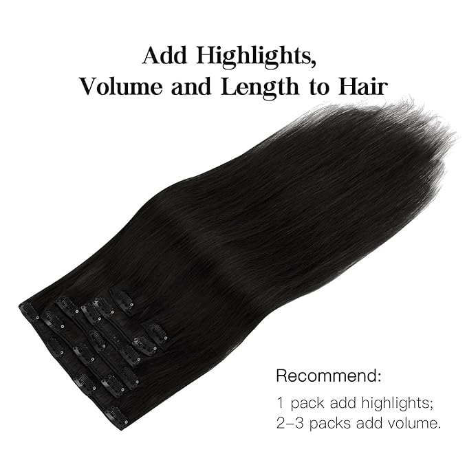 HOTBANANA Human Hair Clip in Hair Extensions, Jet Black 130g Real Human Hair Straight Remy Hair Clip in Hair Extensions 26 Inch 7pcs