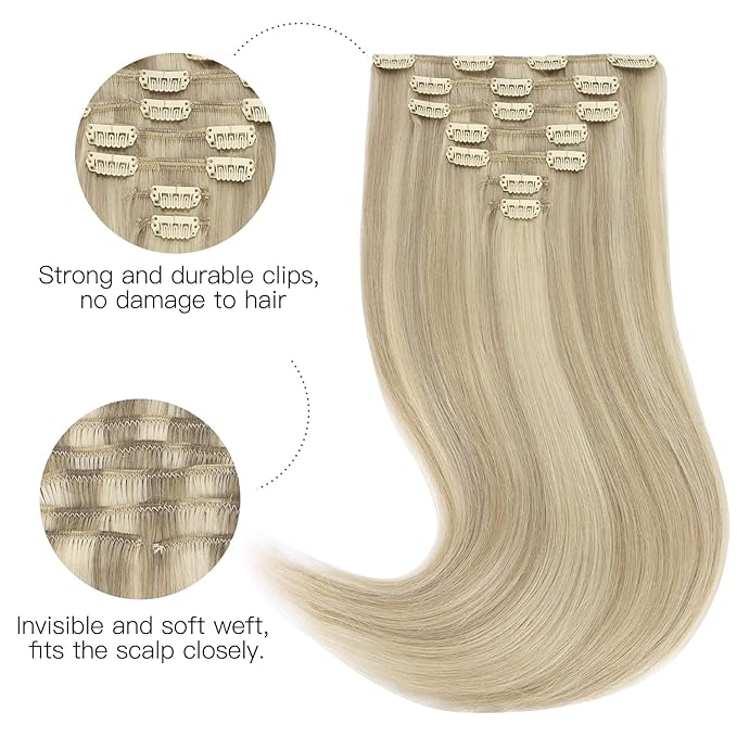 HOTBANANA Human Hair Clip-in Extensions, Ash Blonde Highlighted Platinum Blonde, 120g, Real Straight Remy Hair, 14 Inch, 7pcs