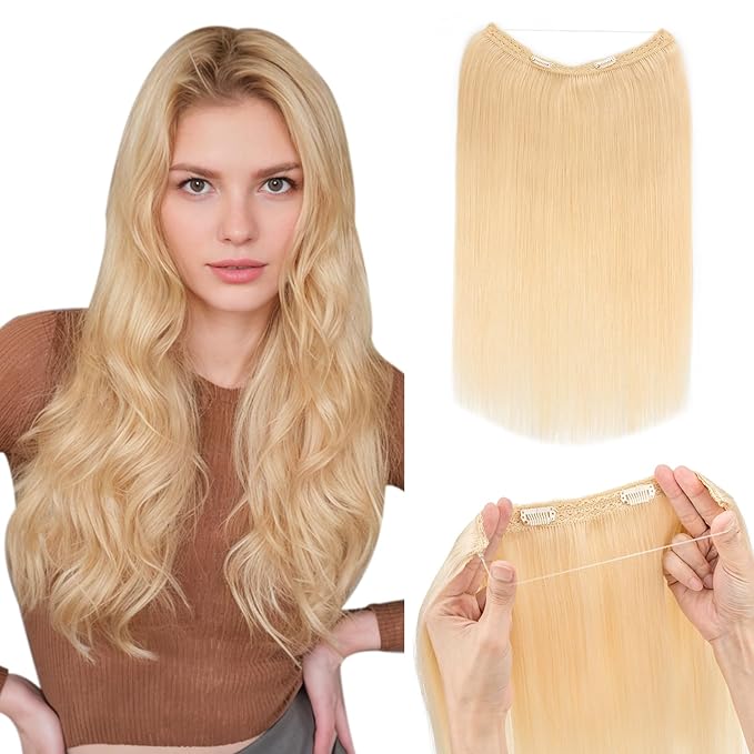 Hairro Wire Hair Extensions Human Hair, Fish Line Invisible Adjustable & Clips in Extensions Straight, 100% Real Hairpieces Seamless Blending for Women, 12 Inch 65g Bleach Blonde