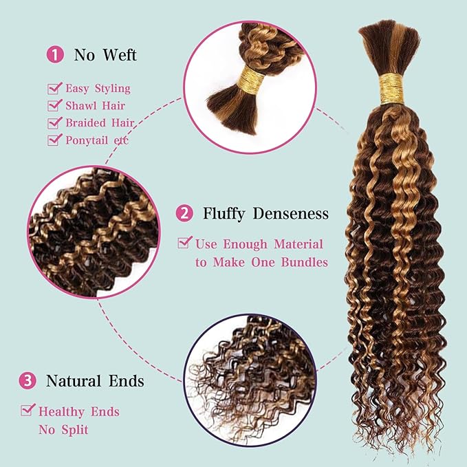 18 Inch Human Braiding Hair 100g Deep Wave Bulk Human Hair for Braiding Brazilian Virgin Human Hair Bundles Wet and Wavy Bundles No Weft Curly Human Hair Extensions for Boho Braids P4/27
